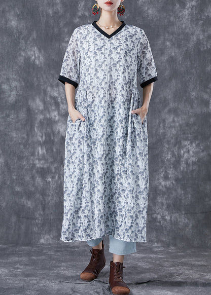 White Print Patchwork Pockets Cotton Long Dresses Summer