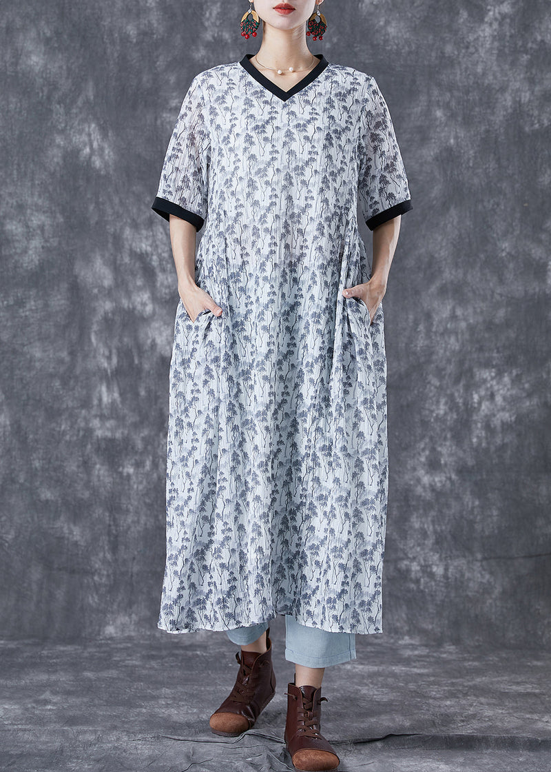 White Print Patchwork Pockets Cotton Long Dresses Summer