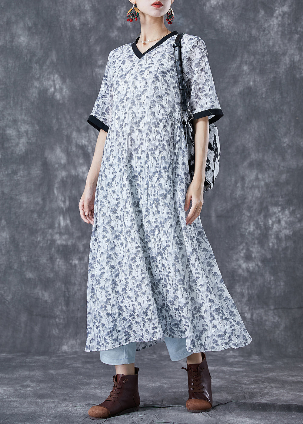 White Print Patchwork Pockets Cotton Long Dresses Summer