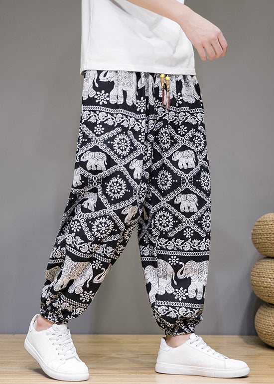 White Print Pockets Cotton Crop Pants Summer