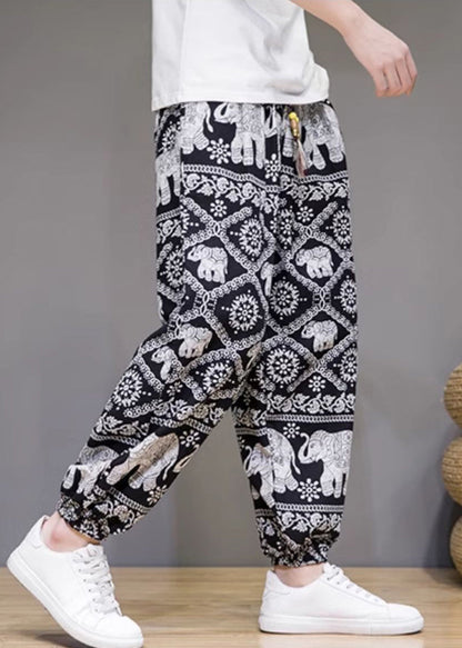 White Print Pockets Cotton Crop Pants Summer