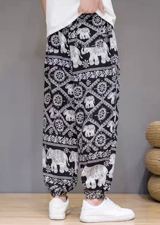 White Print Pockets Cotton Crop Pants Summer