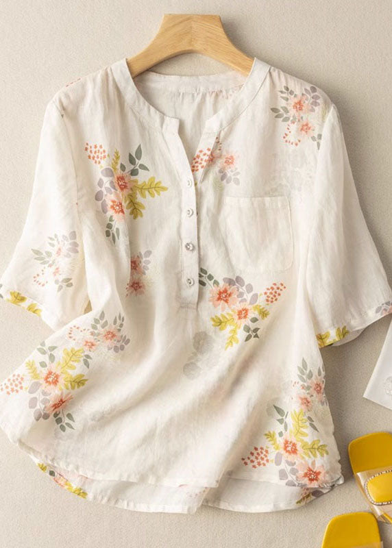 White Print Pockets Patchwork Linen T Shirt Summer