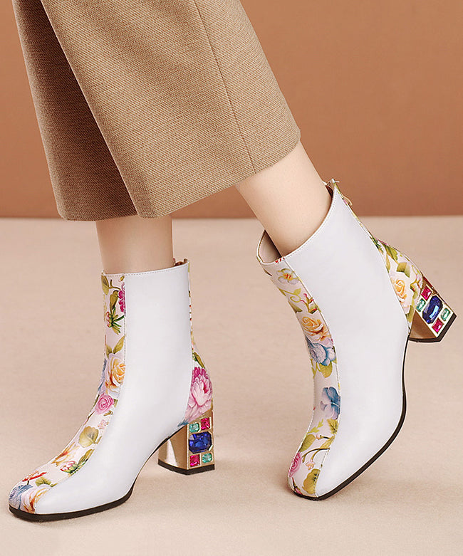 White Print Zircon Cowhide Leather Chunky Boots