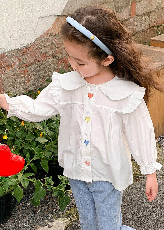 White Ruffled Button Cotton Shirt Flare Sleeve