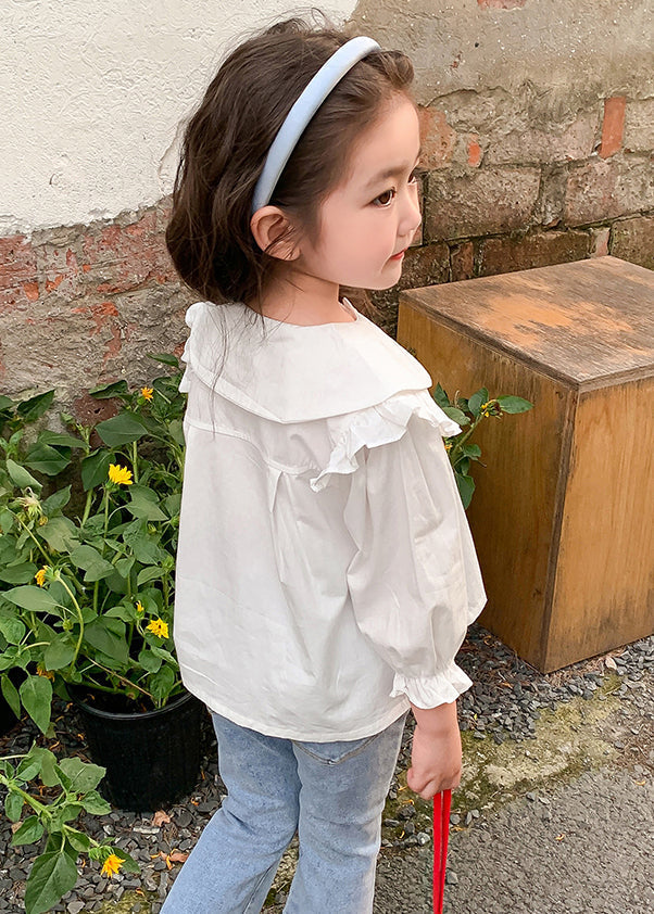 White Ruffled Button Cotton Shirt Flare Sleeve