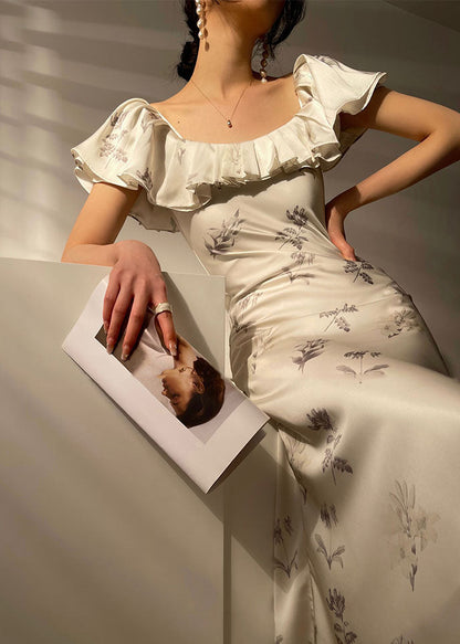 White Ruffled Cold Shoulder Silk Spaghetti Strap Dress Vestidos Summer