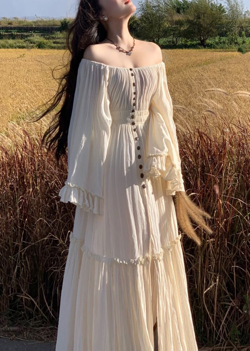 White Ruffled High Waist Cotton Maxi Dress Flare Sleeve