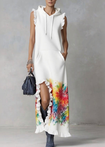 White Ruffled Print Drawstring Vacation Hooded Dresses Summer