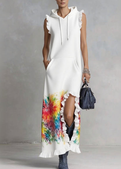 White Ruffled Print Drawstring Vacation Hooded Dresses Summer