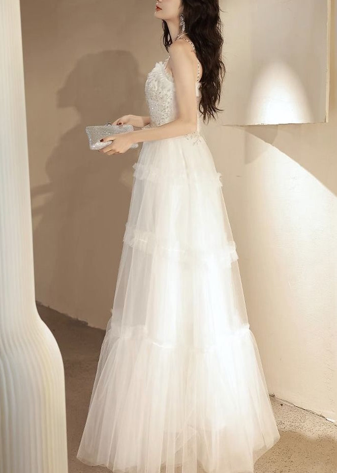 White Ruffled Sequins Tulle Spaghetti Strap Dress Sleeveless