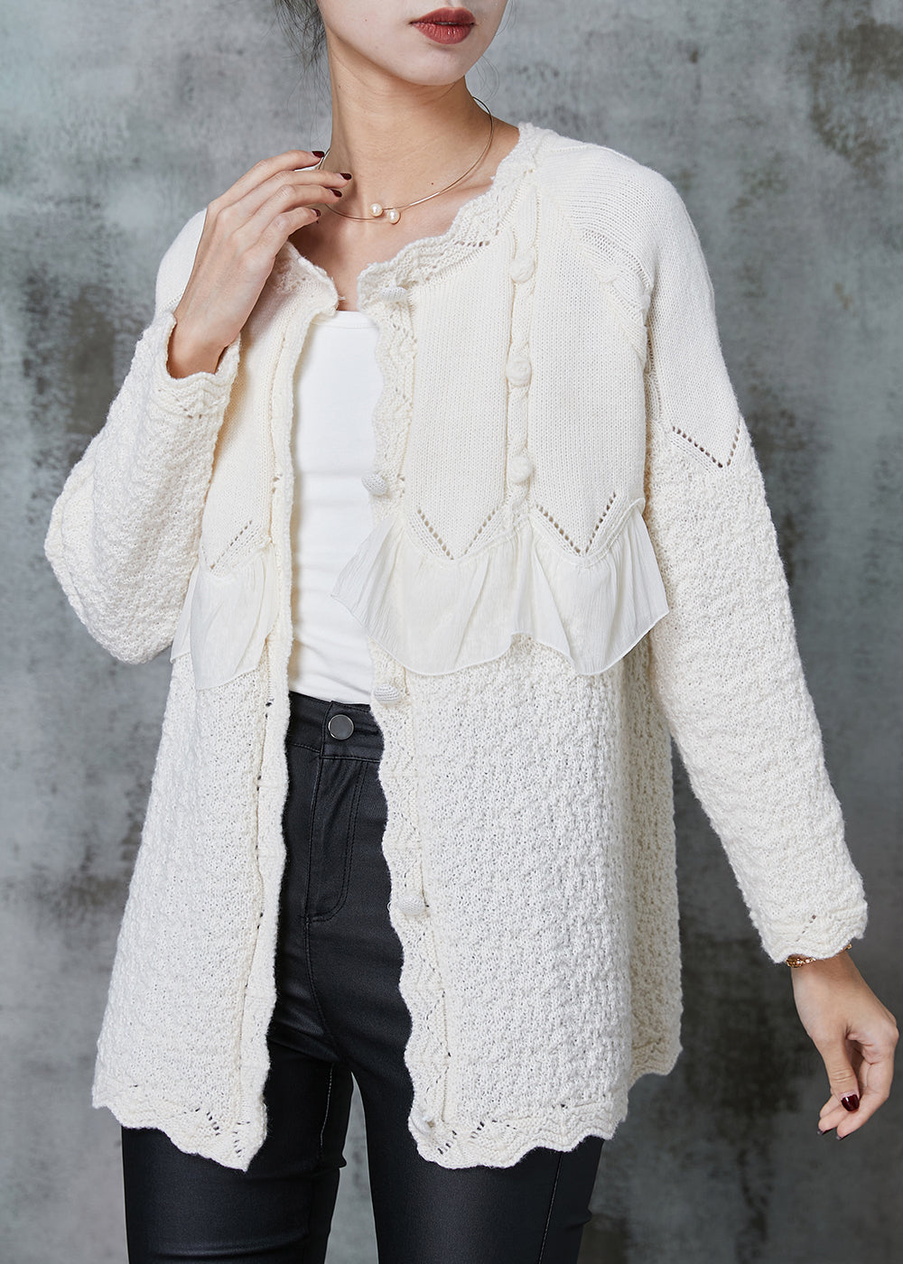White Ruffles Patchwork Knit Coat Outwear Spring