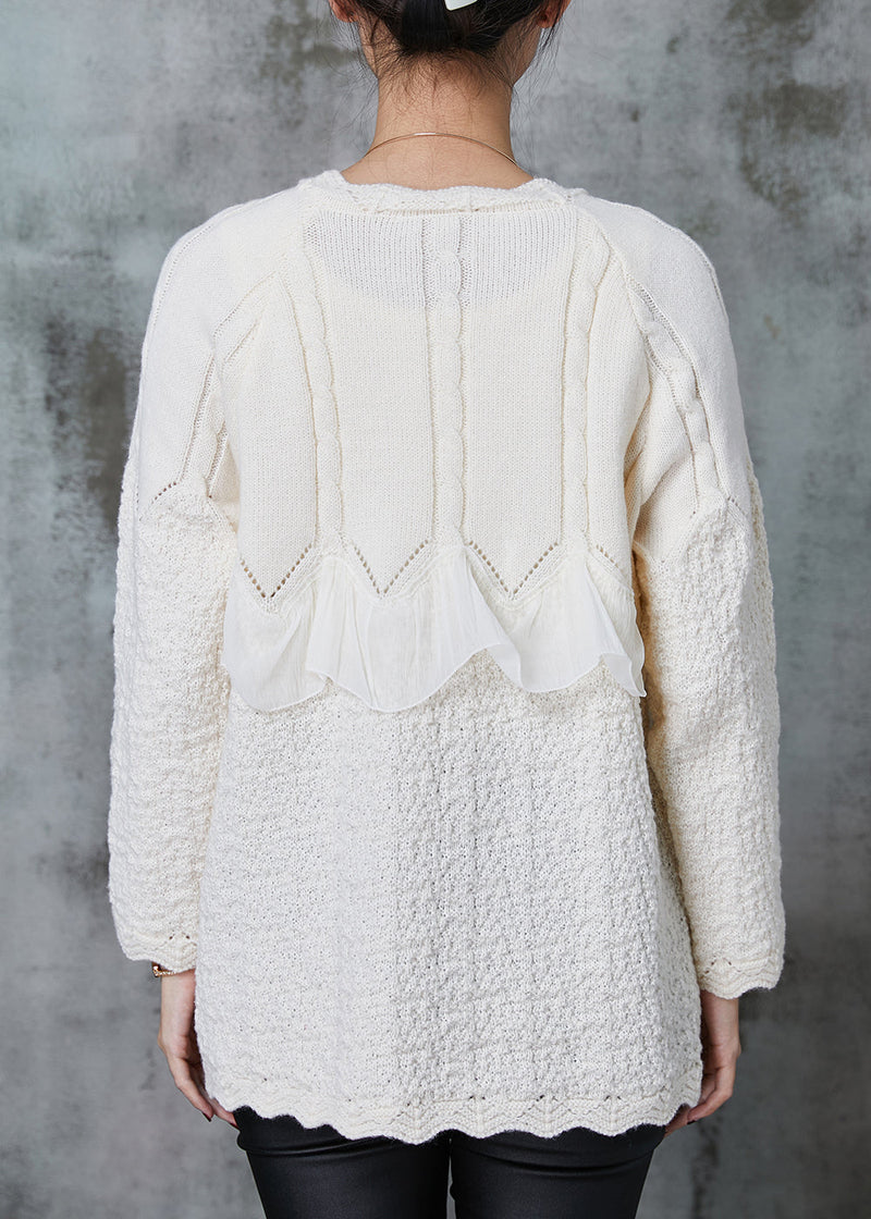 White Ruffles Patchwork Knit Coat Outwear Spring