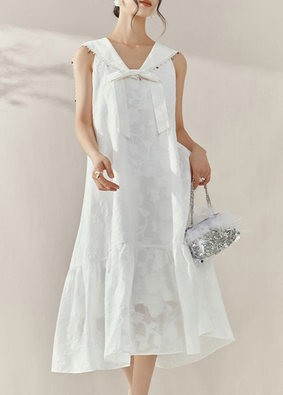 White Sailor Collar Bow Patchwork Maxi Dresses Summer