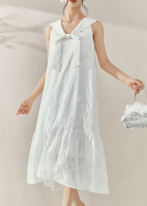 White Sailor Collar Bow Patchwork Maxi Dresses Summer