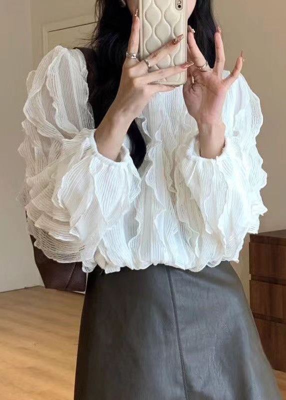 White Ruffled Knit Top Long Sleeve