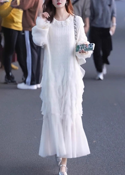 White Tulle Patchwork Maxi Dresses Butterfly Sleeve
