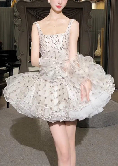 White Square Collar Dot Chiffon Mini Dresses Sleeveless