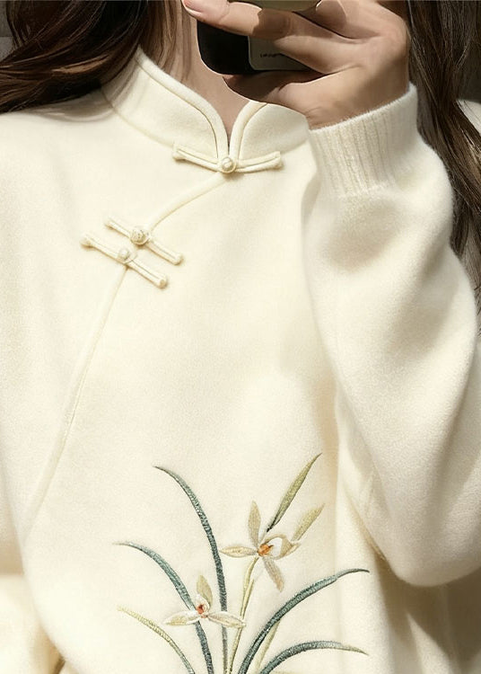 White Stand Collar Button Orchid Knit Sweaters Winter