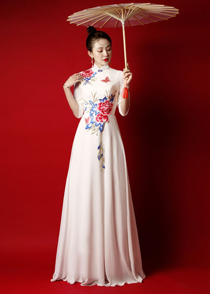 White Stand Collar Embroidered Chiffon Long Dress Bracelet Sleeve