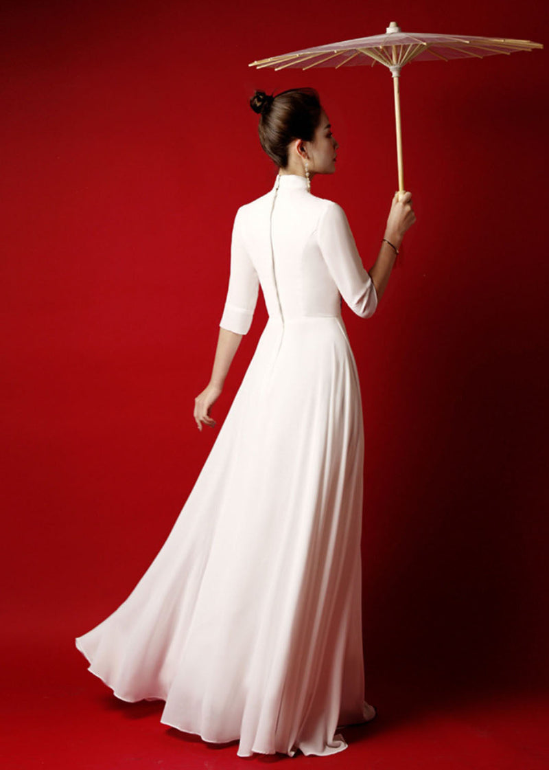 White Stand Collar Embroidered Chiffon Long Dress Bracelet Sleeve