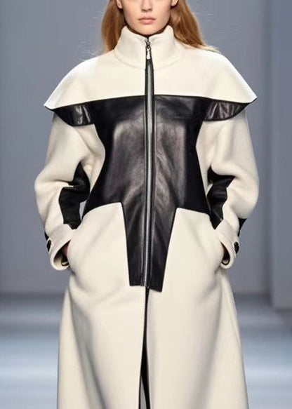 White Stand Collar Patchwork Woolen Trench Fall