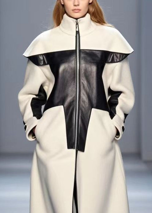 White Stand Collar Patchwork Woolen Trench Fall