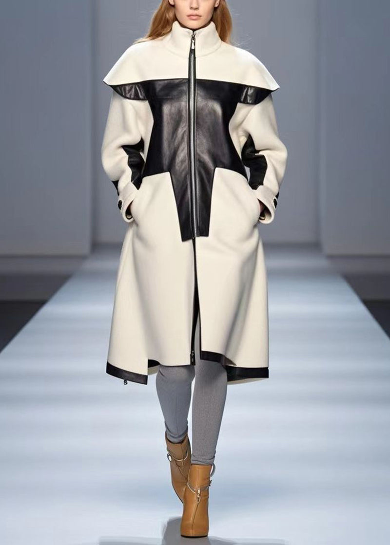 White Stand Collar Patchwork Woolen Trench Fall