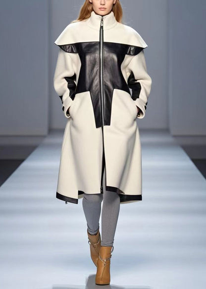 White Stand Collar Patchwork Woolen Trench Fall