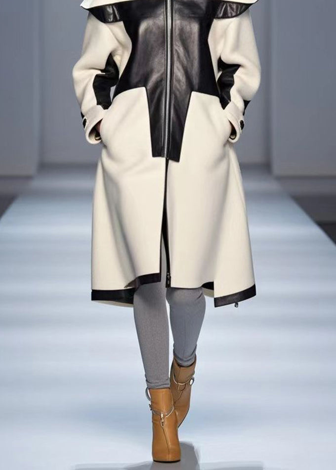 White Stand Collar Patchwork Woolen Trench Fall