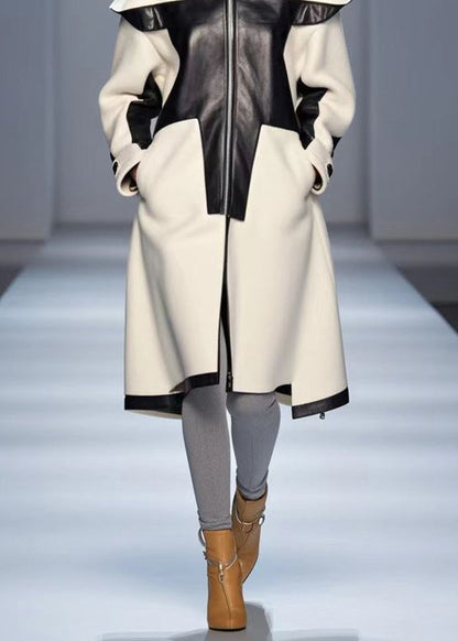 White Stand Collar Patchwork Woolen Trench Fall
