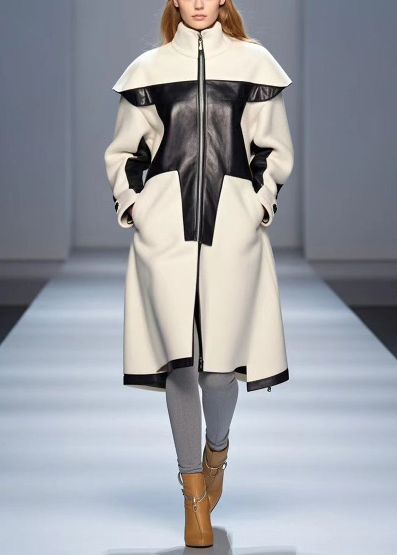 White Stand Collar Patchwork Woolen Trench Fall
