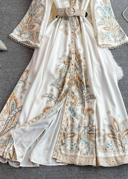 White Stand Collar Print Wrinkled Long Dresses Puff Sleeve