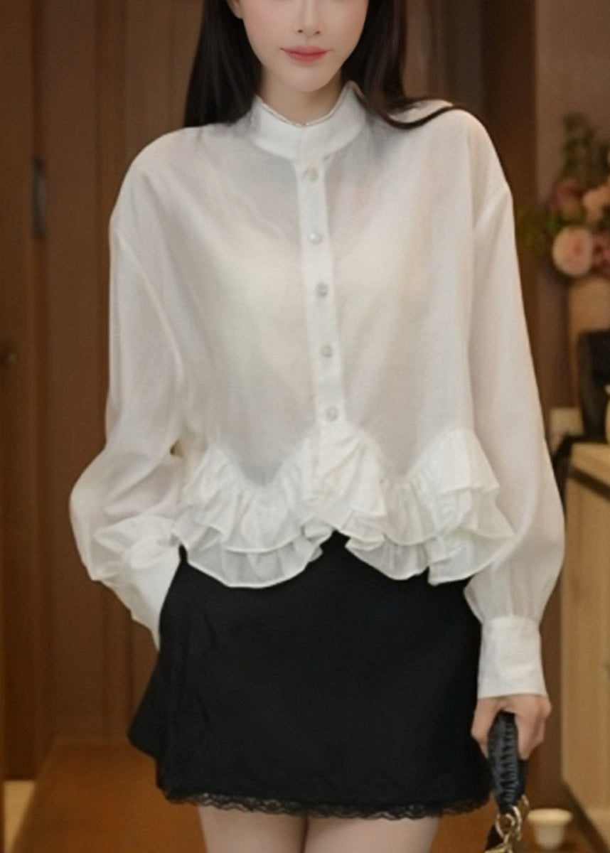 Elegant White Stand Collar Ruffled Cotton Blouses Fall