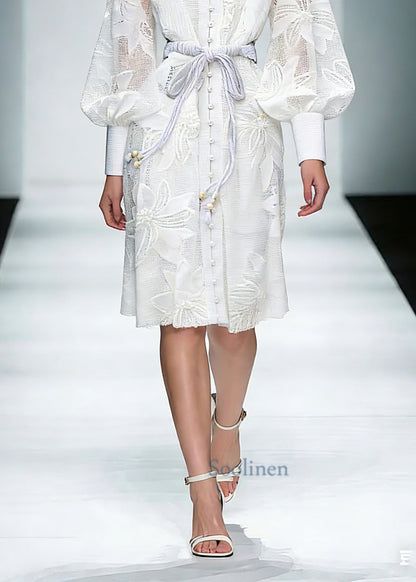 White Stand Collar Tie Waist Maxi Shirts Dresses Lantern Sleeve