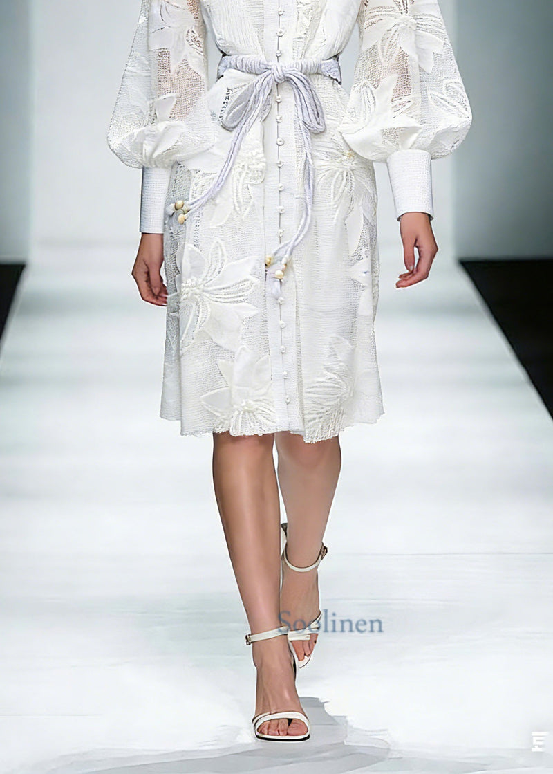 White Stand Collar Tie Waist Maxi Shirts Dresses Lantern Sleeve