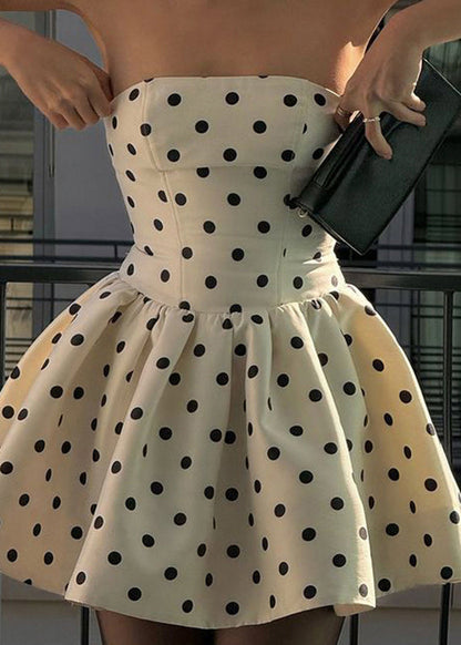 White Strapless Dot Cotton Mid Dress Sleeveless