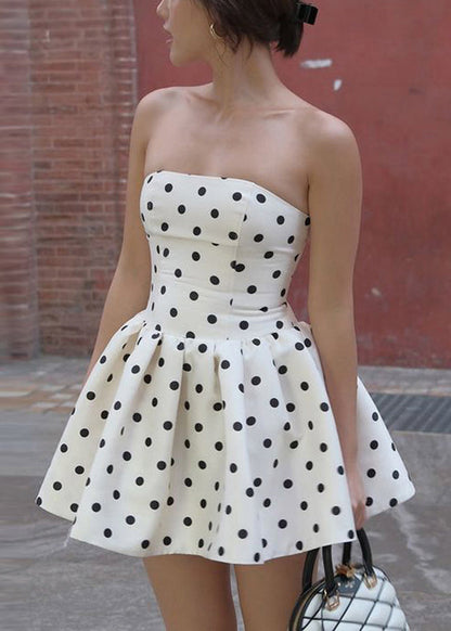White Strapless Dot Cotton Mid Dress Sleeveless