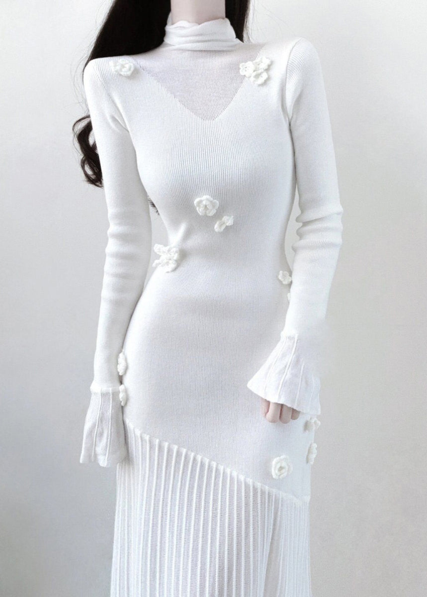 White Turtleneck Knit Patchwork Long Dresses Spring