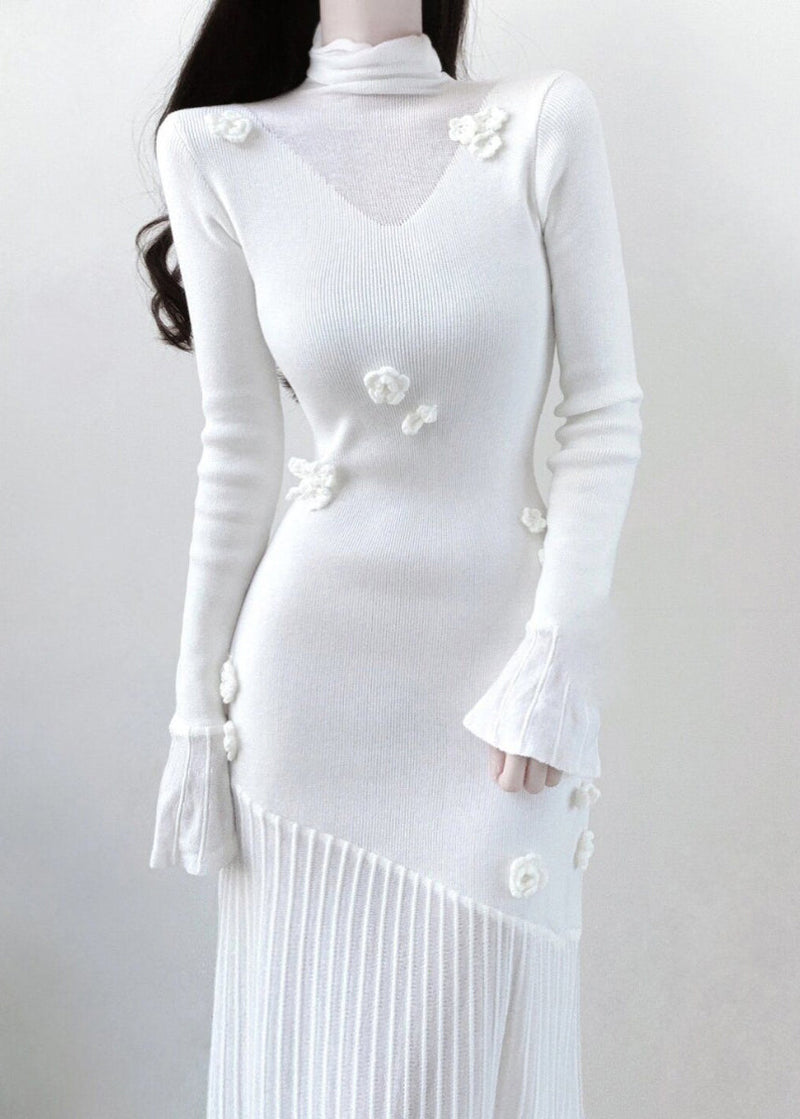 White Turtleneck Knit Patchwork Long Dresses Spring