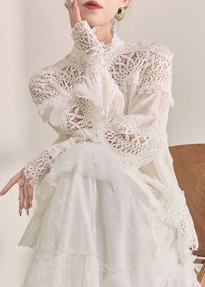 Elegant White Turtleneck Hollow Out Lace Top Fall