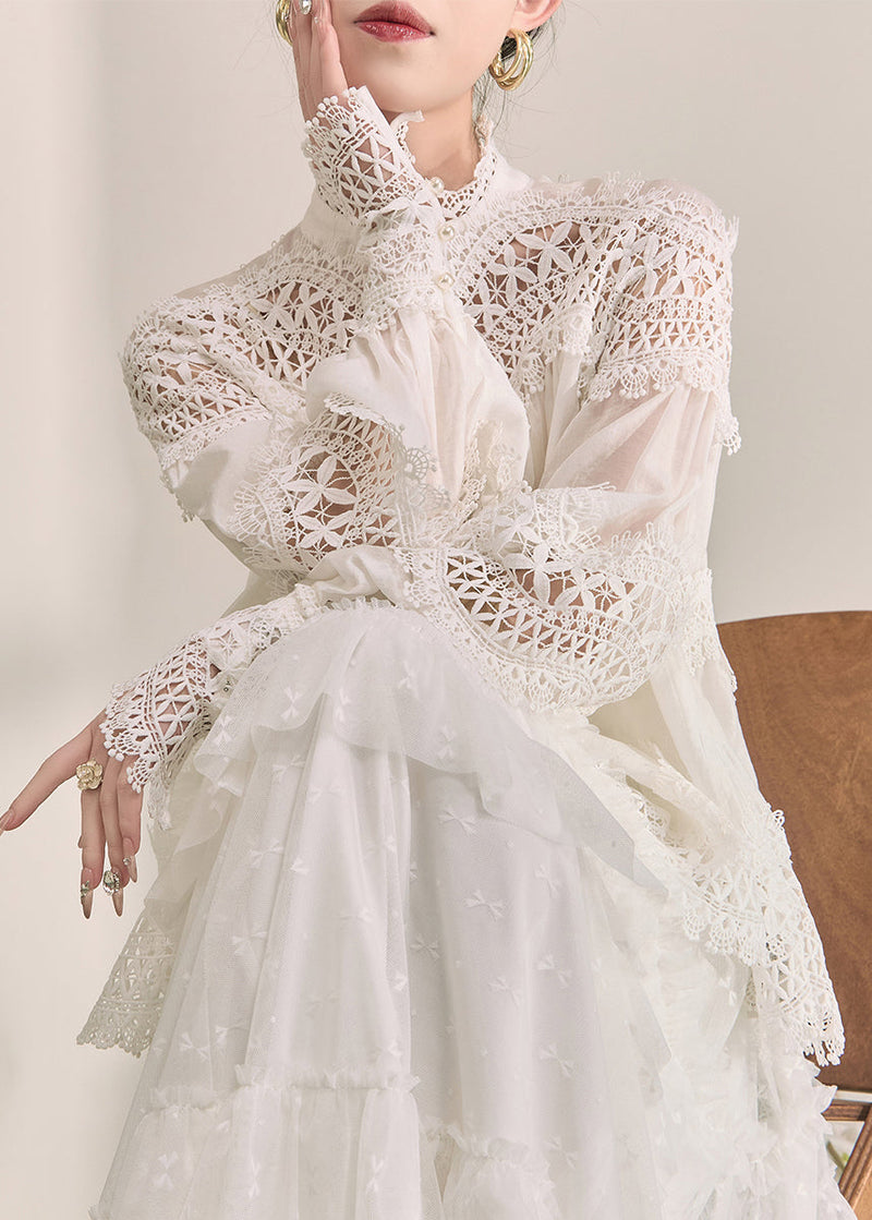 White Turtleneck Hollow Out Lace Top Fall