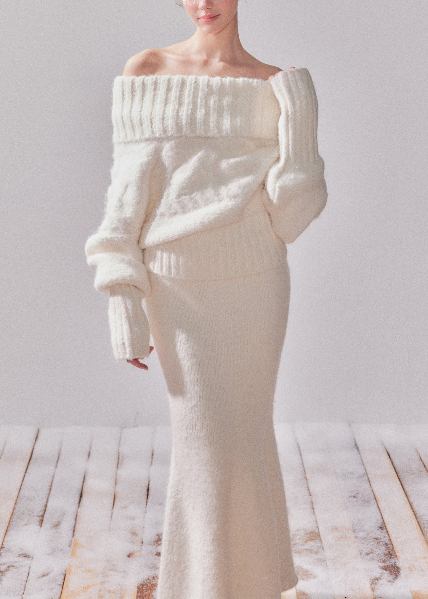 White Turtleneck Patchwork Cotton Knit Sweater and Maxi Dress Two-piece Set Spring