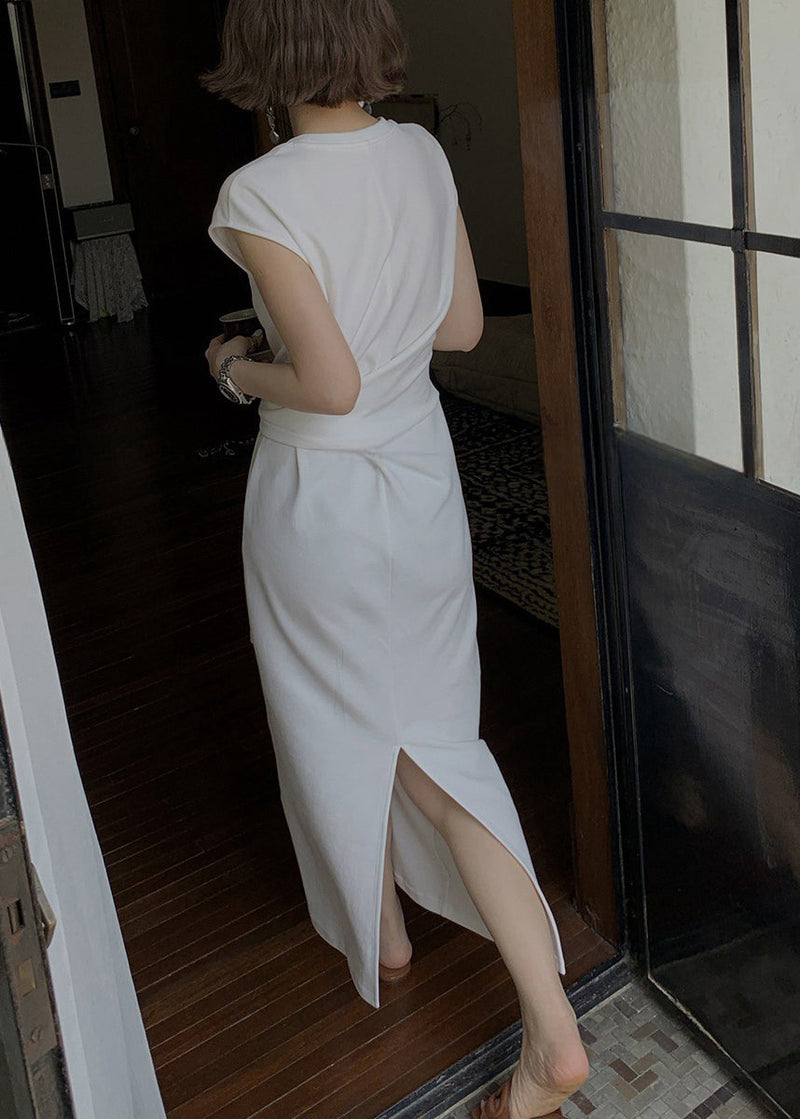 White U Neck Tie Waist Cotton Dress Summer