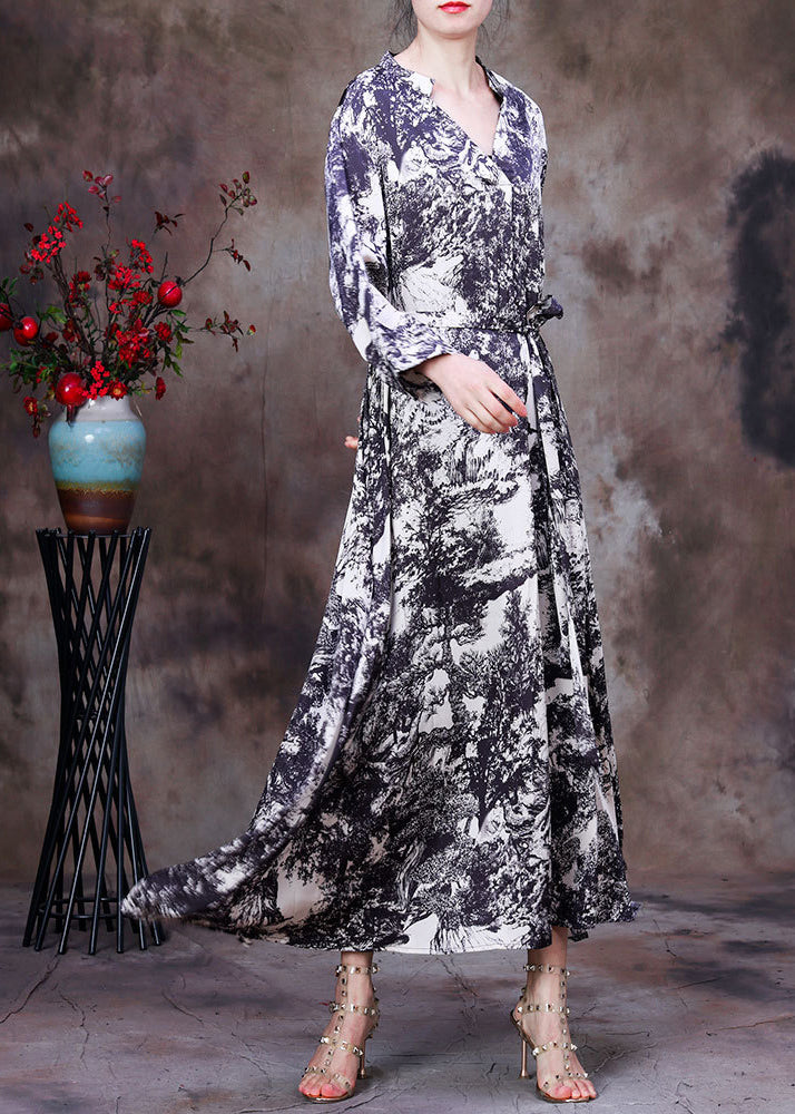 White V Neck Asymmetrical Design Tie Dye Silk Dress Long Sleeve