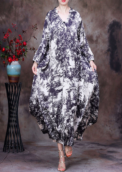 White V Neck Asymmetrical Design Tie Dye Silk Dress Long Sleeve