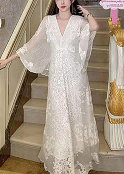 White V Neck Embroidered Cotton Maxi Dresses Batwing Sleeve
