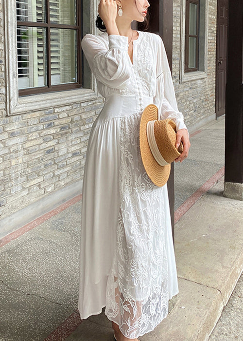 White V Neck Embroidered Lace Up Cotton Long Dresses Fall