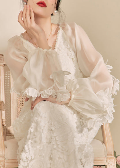 White V Neck Tulle Maxi Dresses Spring