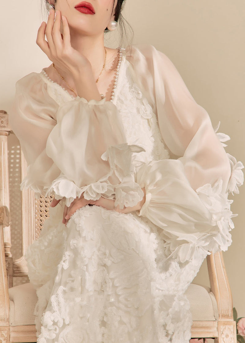 White V Neck Tulle Maxi Dresses Spring